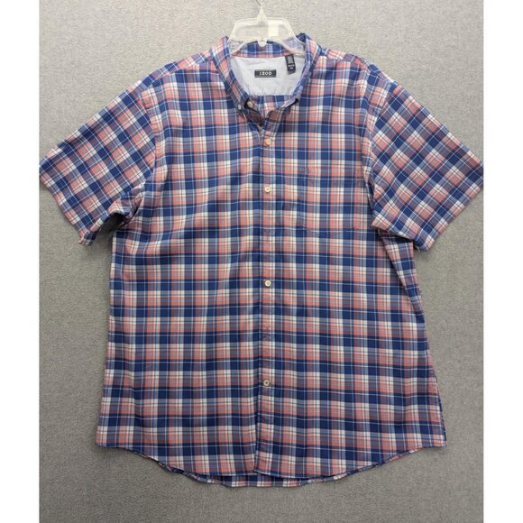 IZOD Shirt Mens 2XL Blue Orange Plaid Short Sleeve Button Down Stretch Pocket - Picture 1 of 10